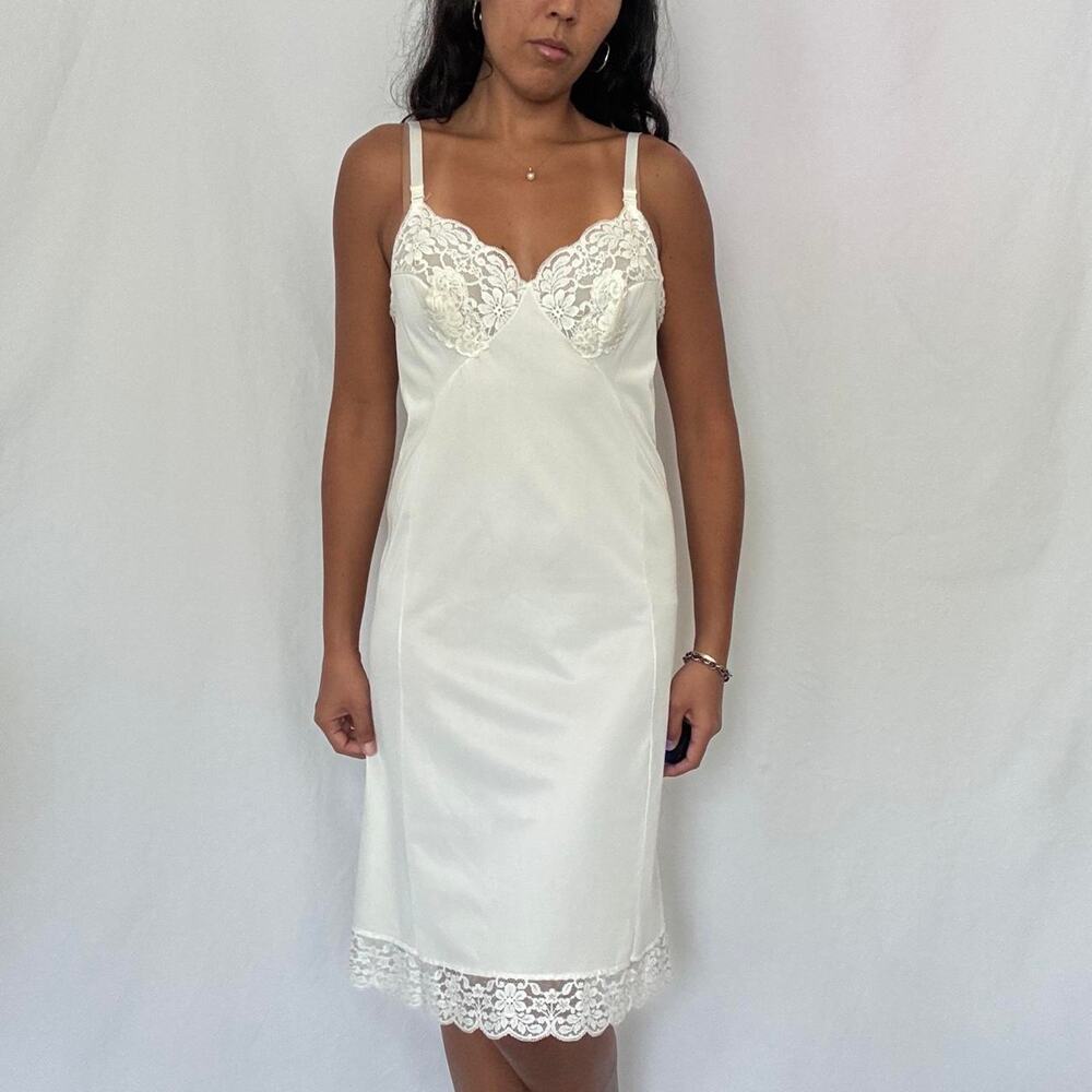 Vintage 1970s Sears White Slip Nightgown Silky Nylon Lace Vneck Bridal